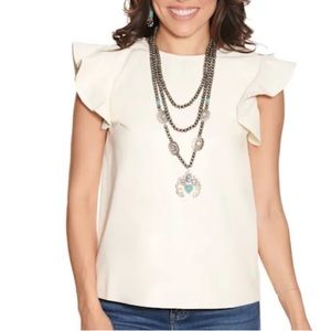 tcec white/crème faux leather ruffle sleeve top size large